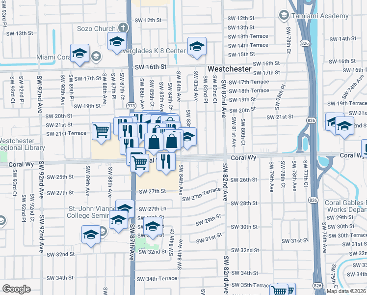 map of restaurants, bars, coffee shops, grocery stores, and more near 2210 Southwest 83rd Court in Miami