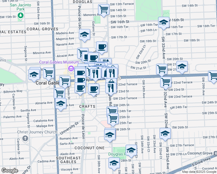 map of restaurants, bars, coffee shops, grocery stores, and more near 2442 Southwest 37th Avenue in Miami