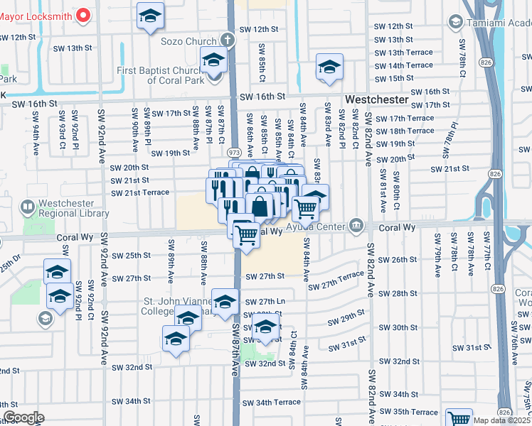 map of restaurants, bars, coffee shops, grocery stores, and more near 8577 Coral Way in Miami