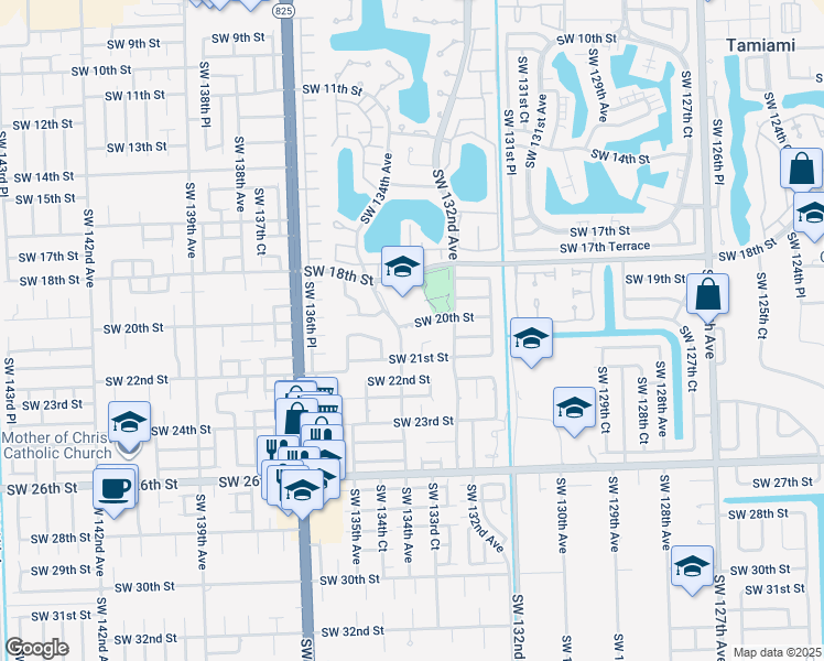map of restaurants, bars, coffee shops, grocery stores, and more near 13320 Southwest 20th Street in Miami