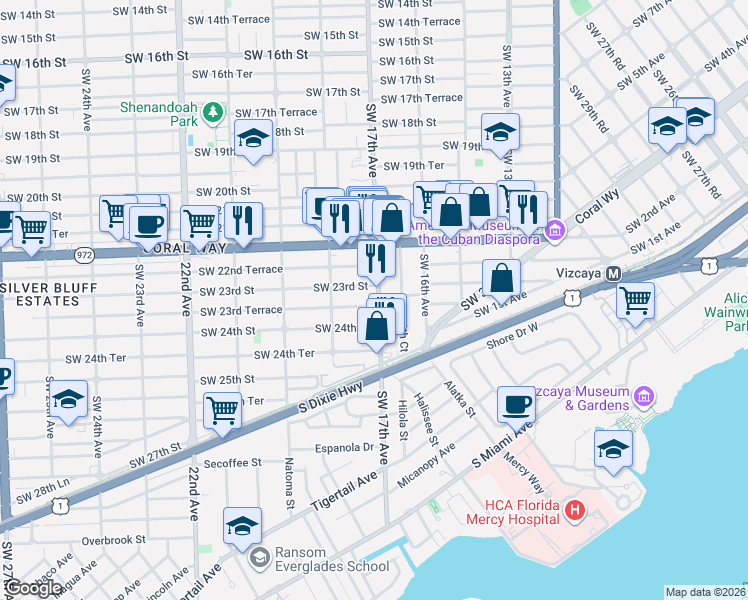 map of restaurants, bars, coffee shops, grocery stores, and more near 1673 Southwest 23rd Street in Miami