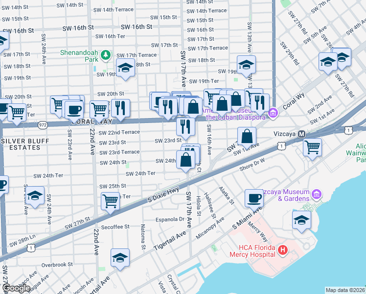 map of restaurants, bars, coffee shops, grocery stores, and more near 1673 Southwest 23rd Street in Miami