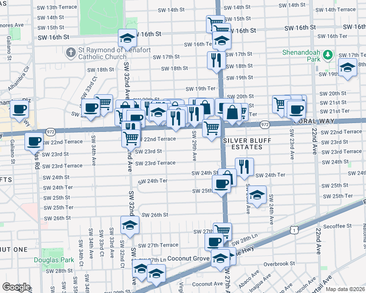 map of restaurants, bars, coffee shops, grocery stores, and more near 2242 Southwest 29th Avenue in Miami