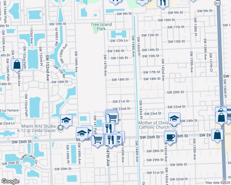 map of restaurants, bars, coffee shops, grocery stores, and more near 14600 Southwest 19th Street in Miami