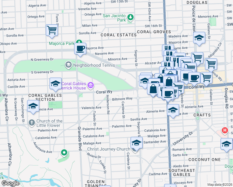 map of restaurants, bars, coffee shops, grocery stores, and more near 720 Coral Way in Coral Gables