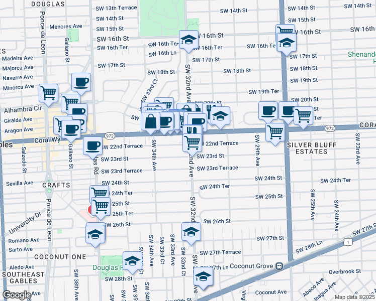 map of restaurants, bars, coffee shops, grocery stores, and more near 3240 Southwest 22nd Terrace in Miami