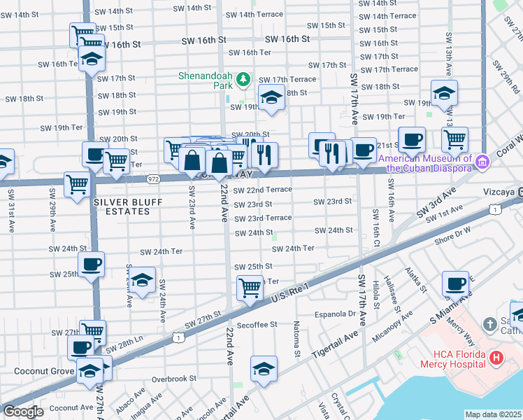 map of restaurants, bars, coffee shops, grocery stores, and more near 2325 Southwest 21st Avenue in Miami
