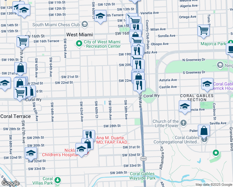 map of restaurants, bars, coffee shops, grocery stores, and more near 2314 Southwest 58th Court in Miami