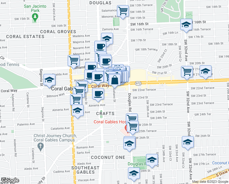 map of restaurants, bars, coffee shops, grocery stores, and more near 1 Andalusia Avenue in Coral Gables