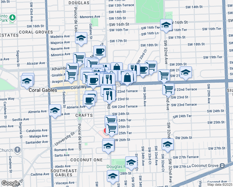 map of restaurants, bars, coffee shops, grocery stores, and more near 3662 Southwest 22nd Terrace in Miami