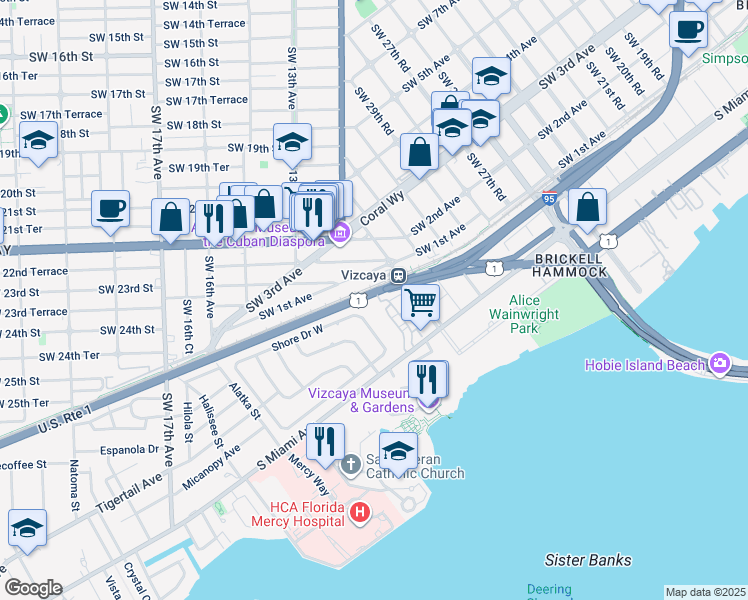 map of restaurants, bars, coffee shops, grocery stores, and more near 3280 South Miami Avenue in Miami