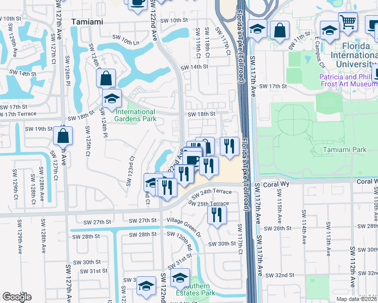 map of restaurants, bars, coffee shops, grocery stores, and more near 2055 Southwest 122nd Avenue in Miami