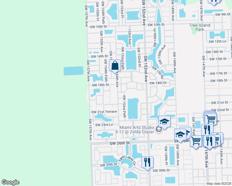 map of restaurants, bars, coffee shops, grocery stores, and more near 1900 Southwest 154th Avenue in Miami