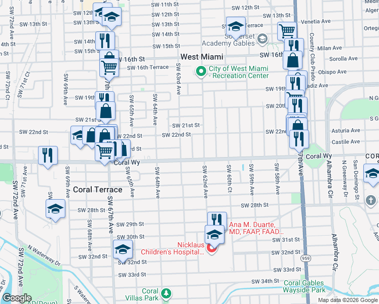 map of restaurants, bars, coffee shops, grocery stores, and more near 2306 Southwest 62nd Court in Miami