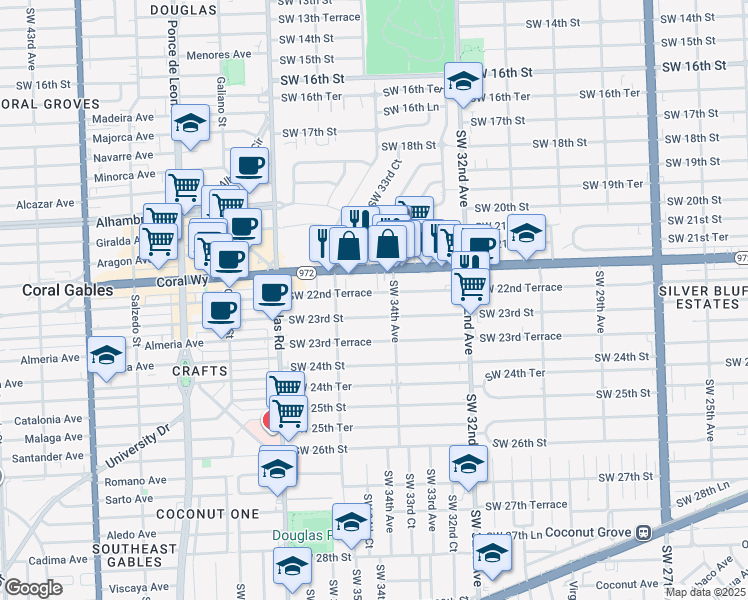 map of restaurants, bars, coffee shops, grocery stores, and more near 3416 Southwest 22nd Terrace in Miami