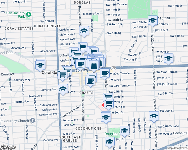 map of restaurants, bars, coffee shops, grocery stores, and more near 1 Andalusia Avenue in Coral Gables