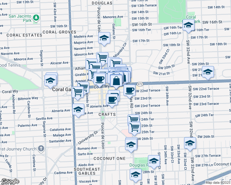 map of restaurants, bars, coffee shops, grocery stores, and more near 1 Andalusia Avenue in Coral Gables