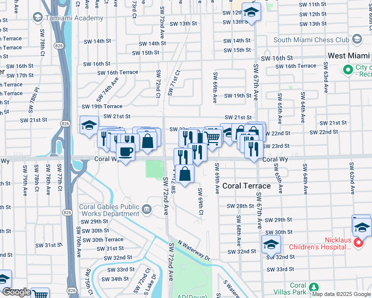 map of restaurants, bars, coffee shops, grocery stores, and more near 7080 Southwest 23rd Street in Miami