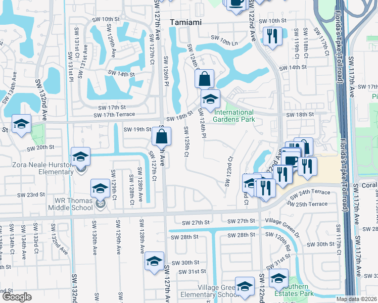 map of restaurants, bars, coffee shops, grocery stores, and more near 2020 Southwest 125th Court in Miami