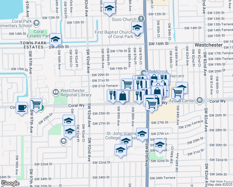 map of restaurants, bars, coffee shops, grocery stores, and more near 2211 Southwest 89th Court in Miami