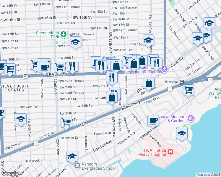 map of restaurants, bars, coffee shops, grocery stores, and more near 1673 Southwest 23rd Street in Miami