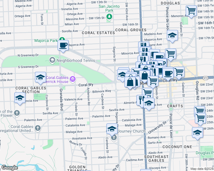 map of restaurants, bars, coffee shops, grocery stores, and more near 626 Coral Way in Coral Gables
