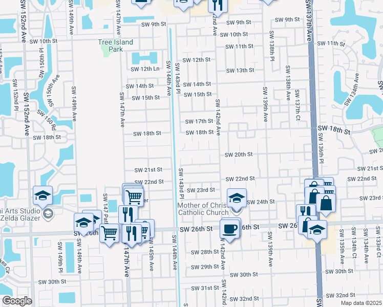 map of restaurants, bars, coffee shops, grocery stores, and more near 14280 Southwest 19 Way in Miami