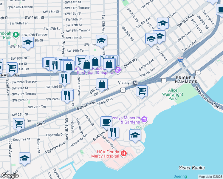 map of restaurants, bars, coffee shops, grocery stores, and more near 3460 Southwest 1st Avenue in Miami