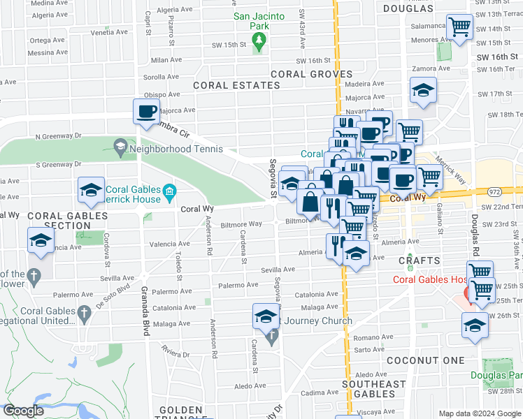 map of restaurants, bars, coffee shops, grocery stores, and more near 626 Coral Way in Coral Gables