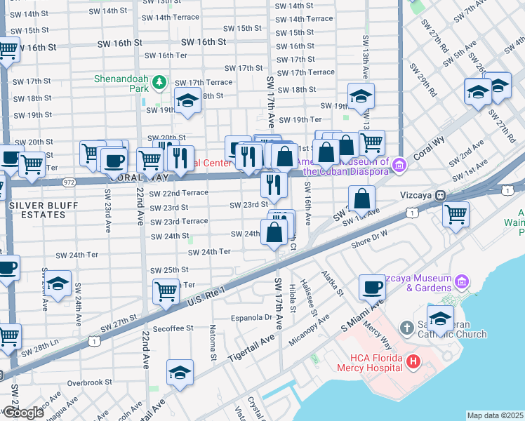 map of restaurants, bars, coffee shops, grocery stores, and more near 1748 Southwest 23rd Street in Miami