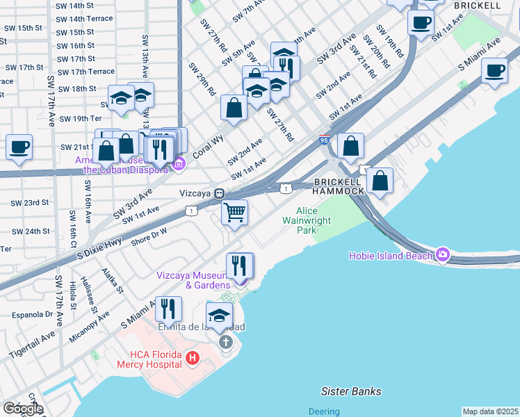map of restaurants, bars, coffee shops, grocery stores, and more near 25 Southwest 31st Road in Miami