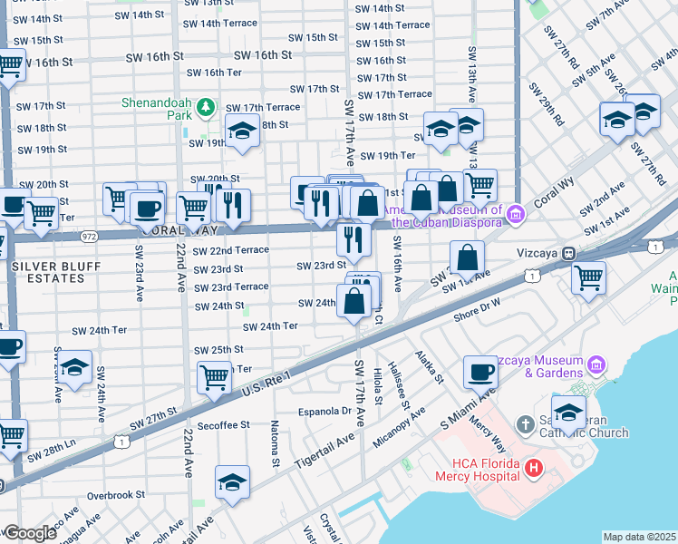 map of restaurants, bars, coffee shops, grocery stores, and more near 1748 Southwest 23rd Street in Miami