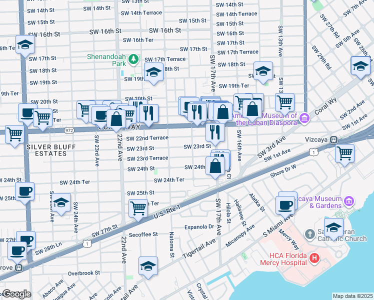 map of restaurants, bars, coffee shops, grocery stores, and more near 1818 Southwest 23rd Street in Miami