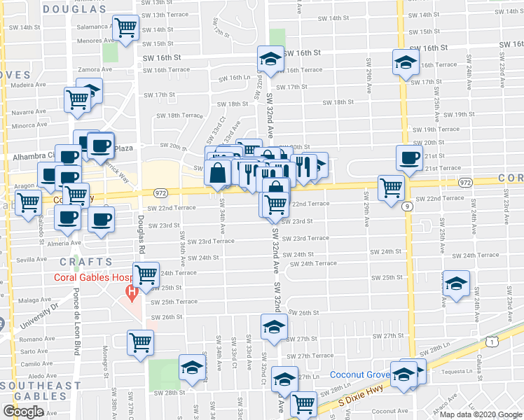 map of restaurants, bars, coffee shops, grocery stores, and more near 3240 Southwest 22nd Terrace in Miami