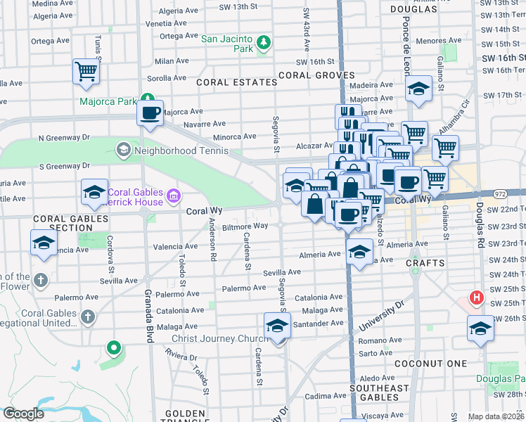 map of restaurants, bars, coffee shops, grocery stores, and more near 626 Coral Way in Coral Gables