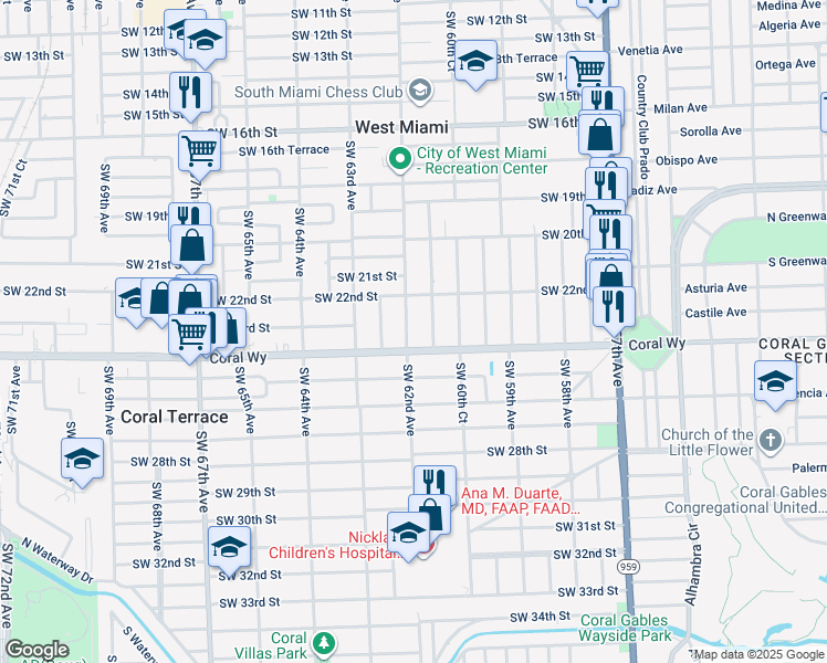 map of restaurants, bars, coffee shops, grocery stores, and more near 2317 Southwest 62nd Avenue in Miami