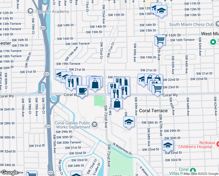 map of restaurants, bars, coffee shops, grocery stores, and more near 7150 Southwest 23rd Street in Miami