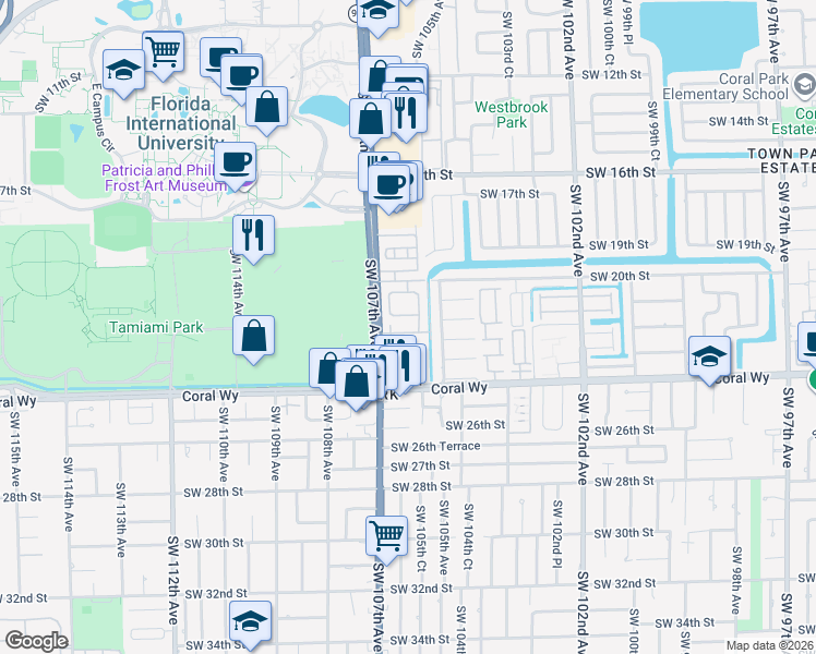 map of restaurants, bars, coffee shops, grocery stores, and more near 10632 Southwest 21st Lane in Miami