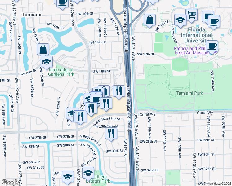 map of restaurants, bars, coffee shops, grocery stores, and more near 11790 Southwest 18th Street in Miami