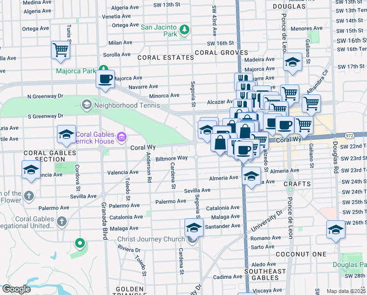 map of restaurants, bars, coffee shops, grocery stores, and more near 626 Coral Way in Coral Gables