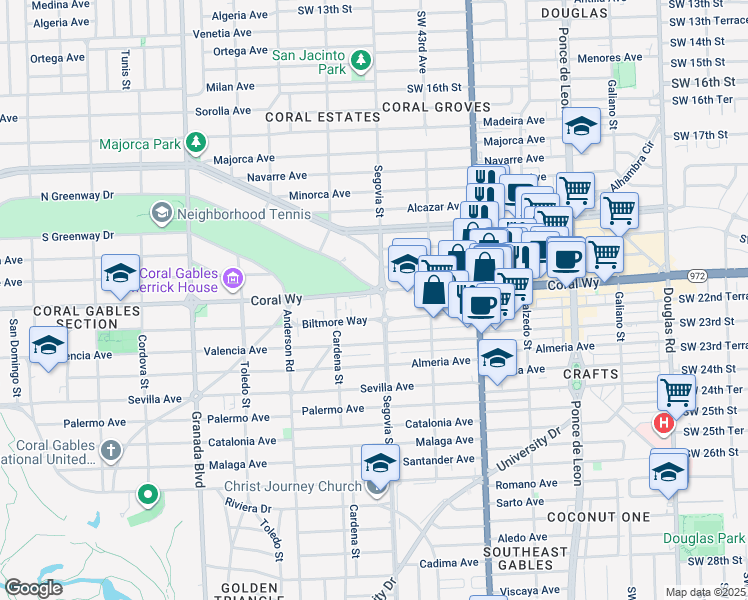 map of restaurants, bars, coffee shops, grocery stores, and more near 659 Coral Way in Coral Gables