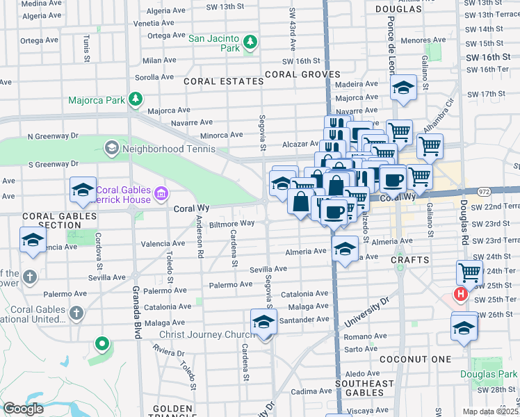 map of restaurants, bars, coffee shops, grocery stores, and more near 600 Coral Way in Coral Gables