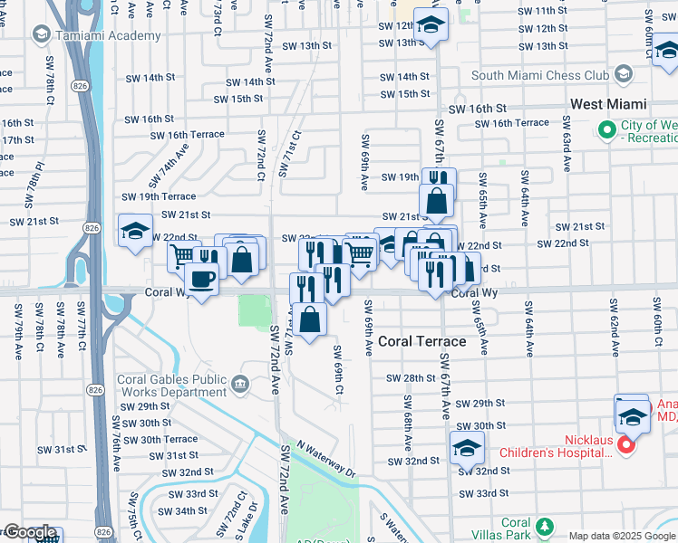 map of restaurants, bars, coffee shops, grocery stores, and more near 7000 Southwest 23rd Street in Miami
