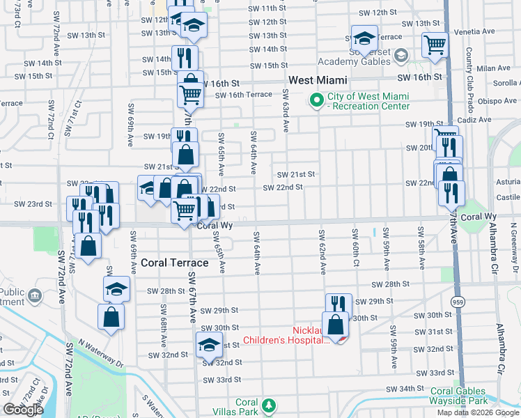 map of restaurants, bars, coffee shops, grocery stores, and more near 2301 SW 64th Ave in Miami