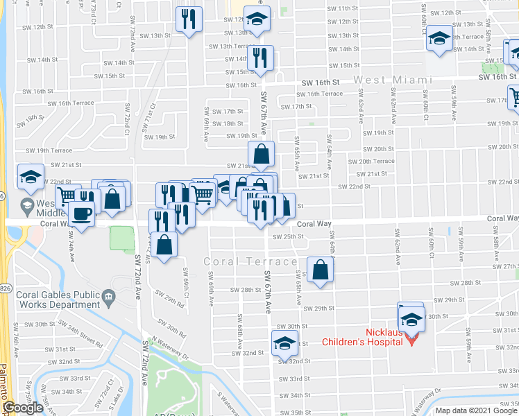 map of restaurants, bars, coffee shops, grocery stores, and more near 2322 Southwest 67th Avenue in Miami