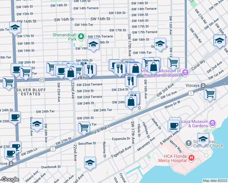 map of restaurants, bars, coffee shops, grocery stores, and more near 1818 Southwest 23rd Street in Miami
