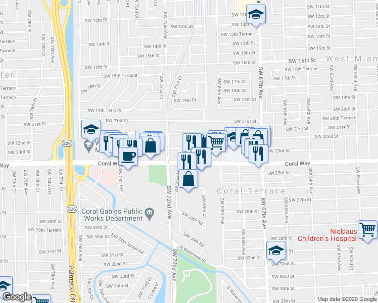 map of restaurants, bars, coffee shops, grocery stores, and more near 7080 Southwest 23rd Street in Miami