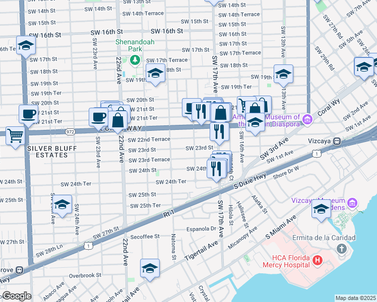 map of restaurants, bars, coffee shops, grocery stores, and more near 1818 Southwest 23rd Street in Miami