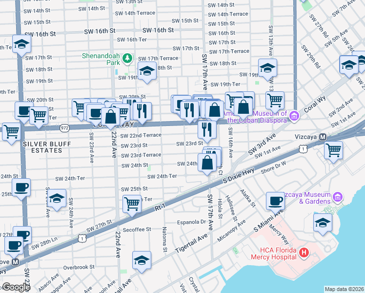 map of restaurants, bars, coffee shops, grocery stores, and more near 2300 Southwest 18th Avenue in Miami