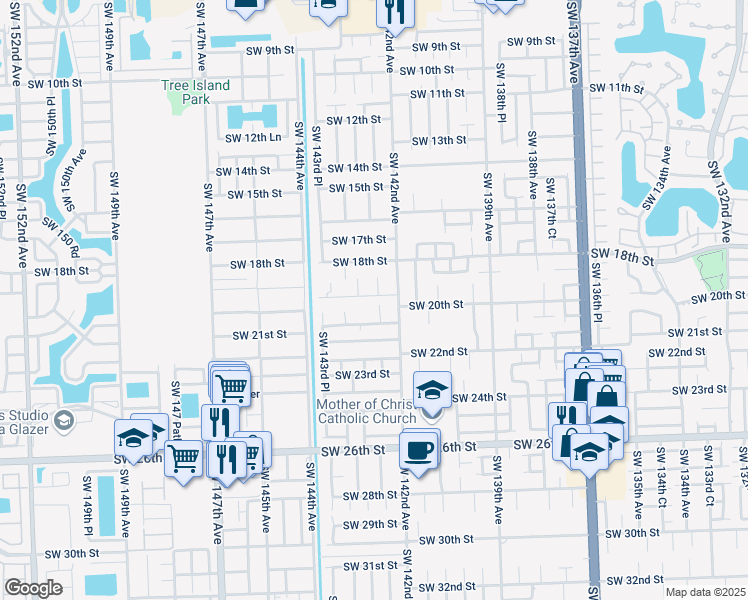 map of restaurants, bars, coffee shops, grocery stores, and more near 1990 Southwest 142nd Court in Miami